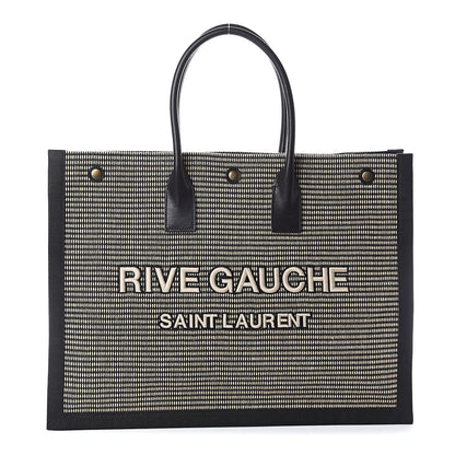 Saint Laurent Embroidered Cotton Linen Rive Gauche Noe Tote Black Beige 1 of 8