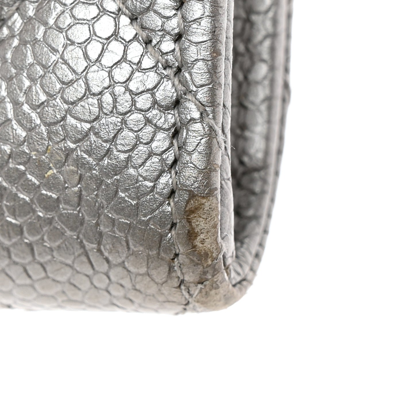 Glittered Metallic Caviar Quilted Large Flap Wallet Silver