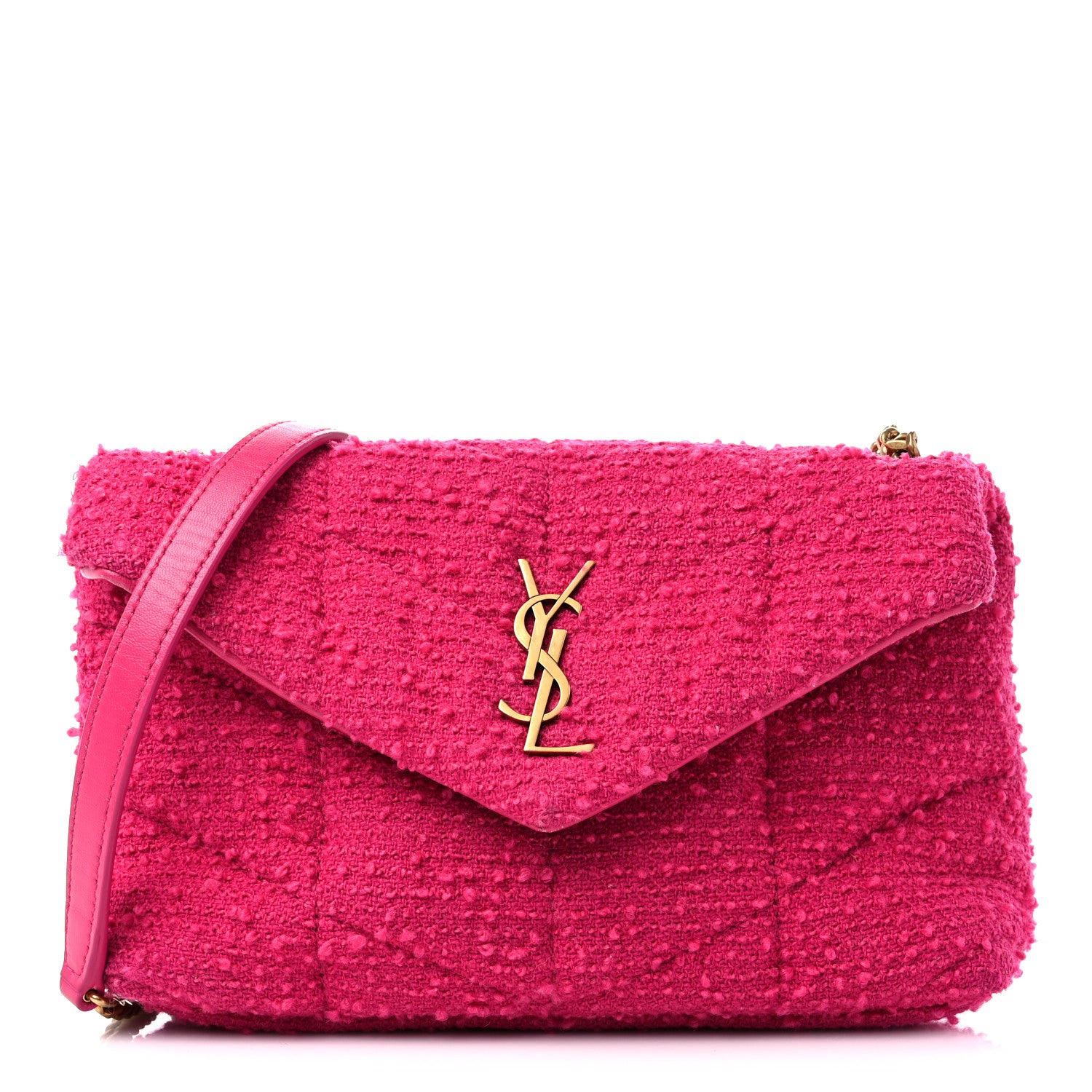 Saint Laurent Boucle Tweed Quilted Toy Loulou Puffer Monogram Chain Satchel Magenta 1 of 10