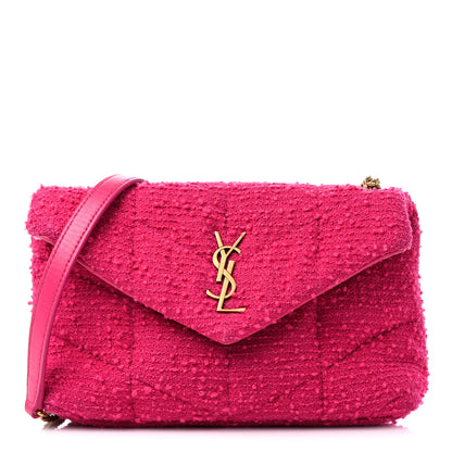Saint Laurent Boucle Tweed Quilted Toy Loulou Puffer Monogram Chain Satchel Magenta 1 of 10
