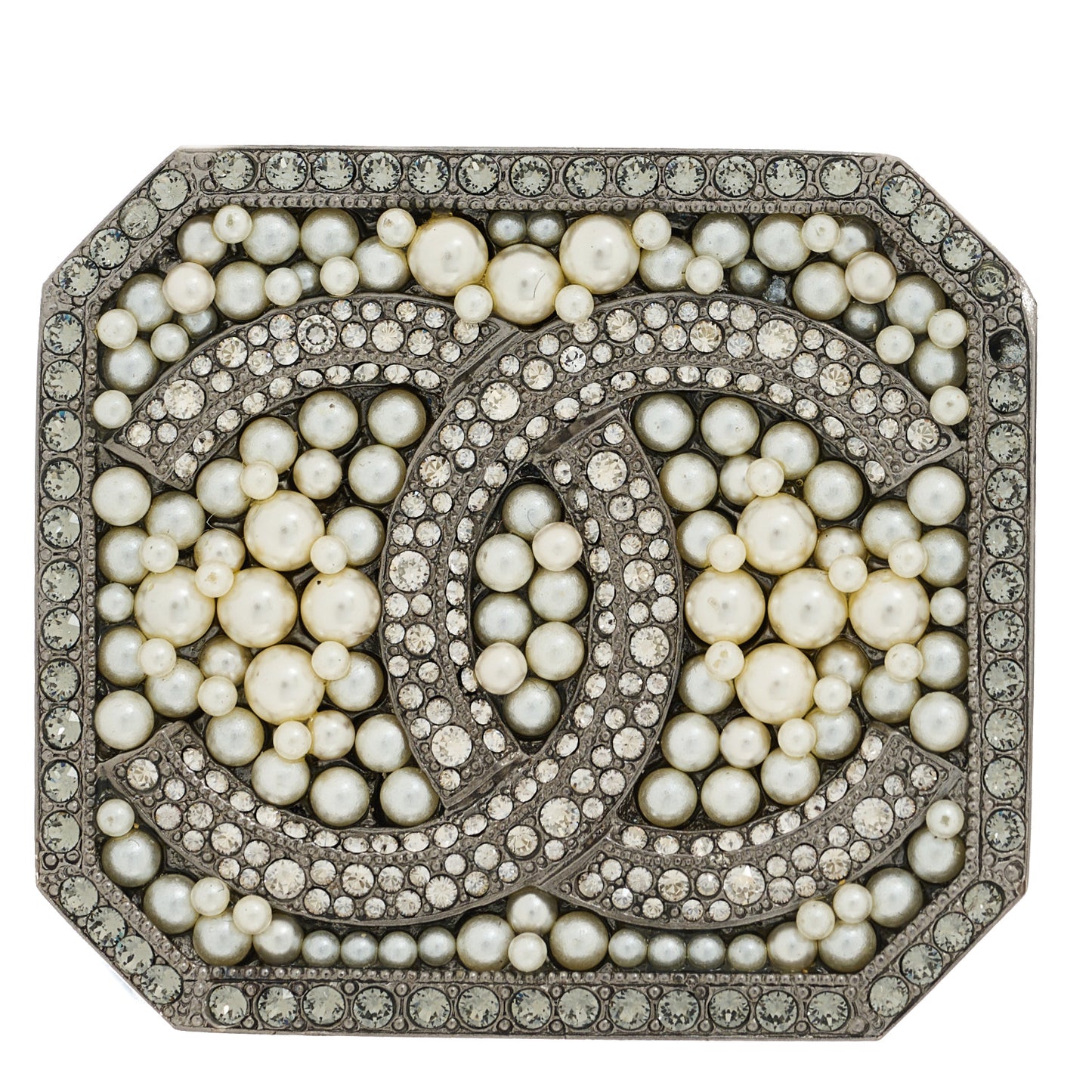 Metal Crystal Pearl CC Square Brooch Ruthenium