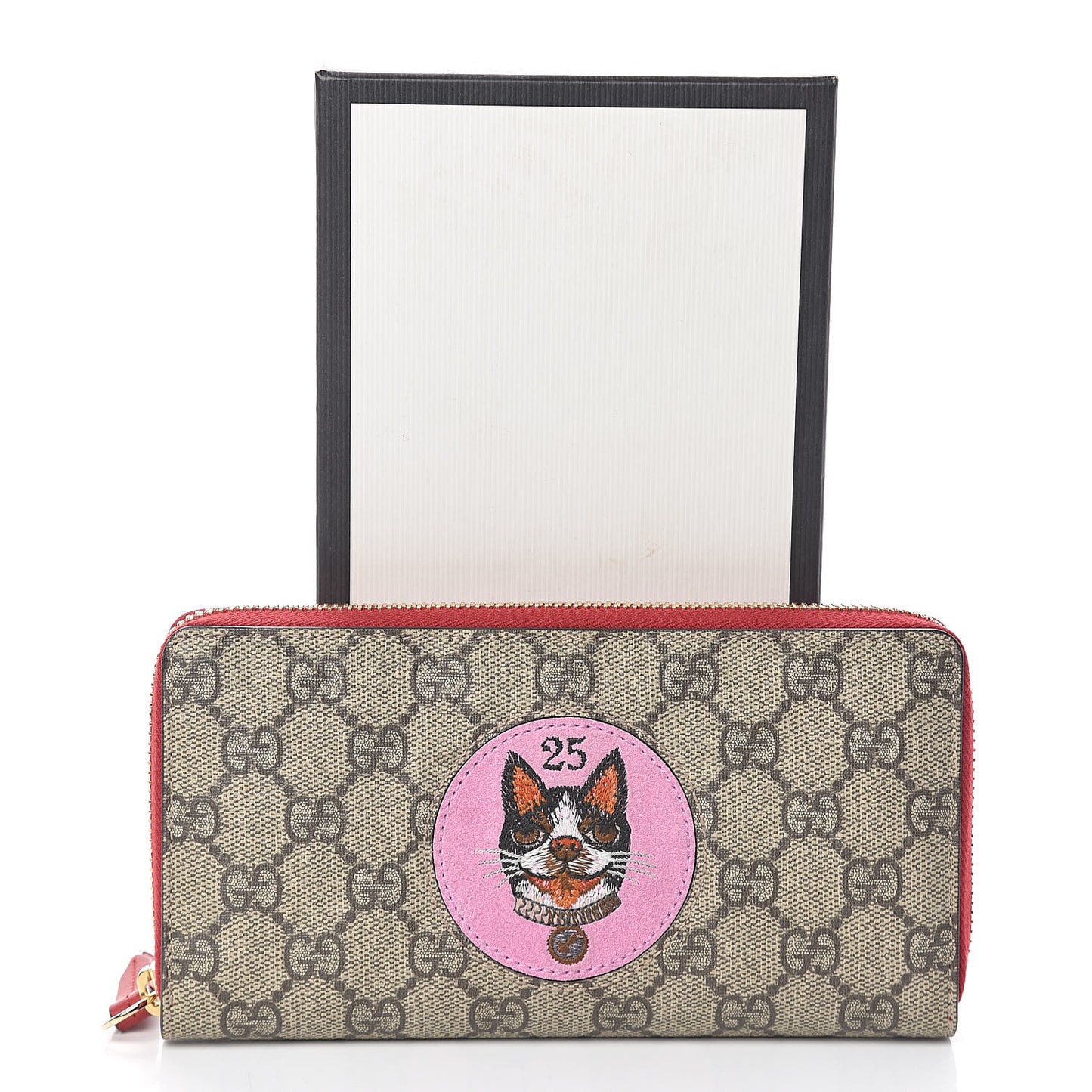 GG Supreme Monogram Bosco Patch Zip Around Wallet Beige Malva Hibiscus Red