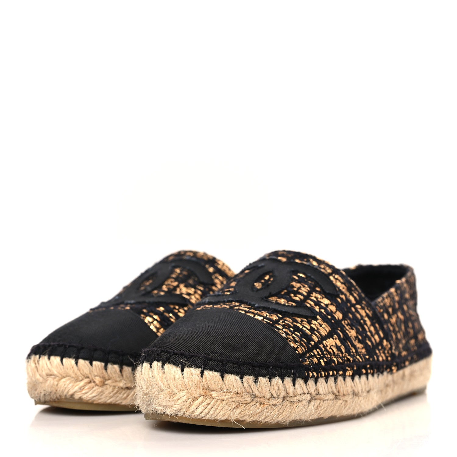 Chanel Metallic Tweed Grosgrain CC Espadrilles 36 Black Gold 3 of 8