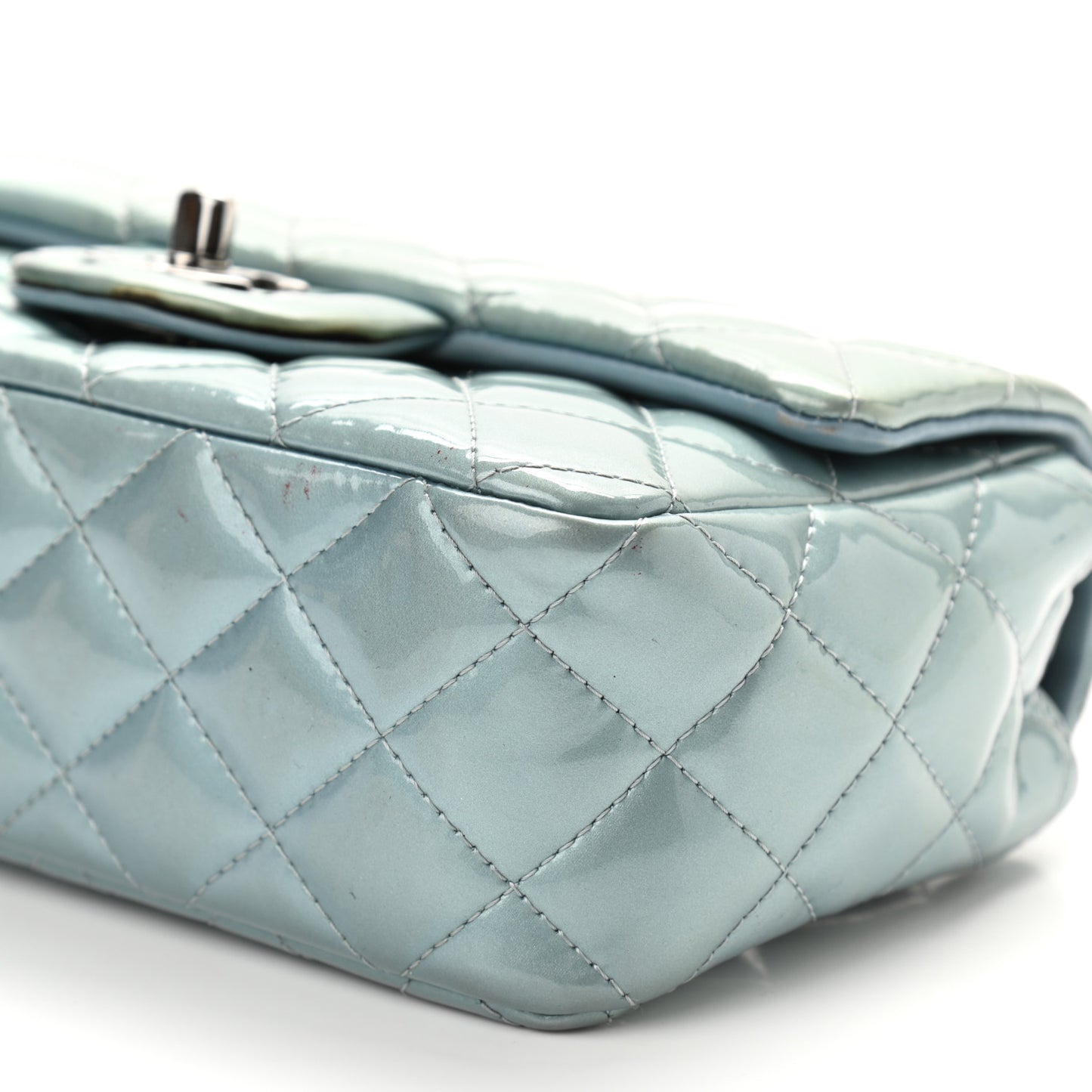 Patent Calfskin Quilted Mini Rectangular Flap Light Blue