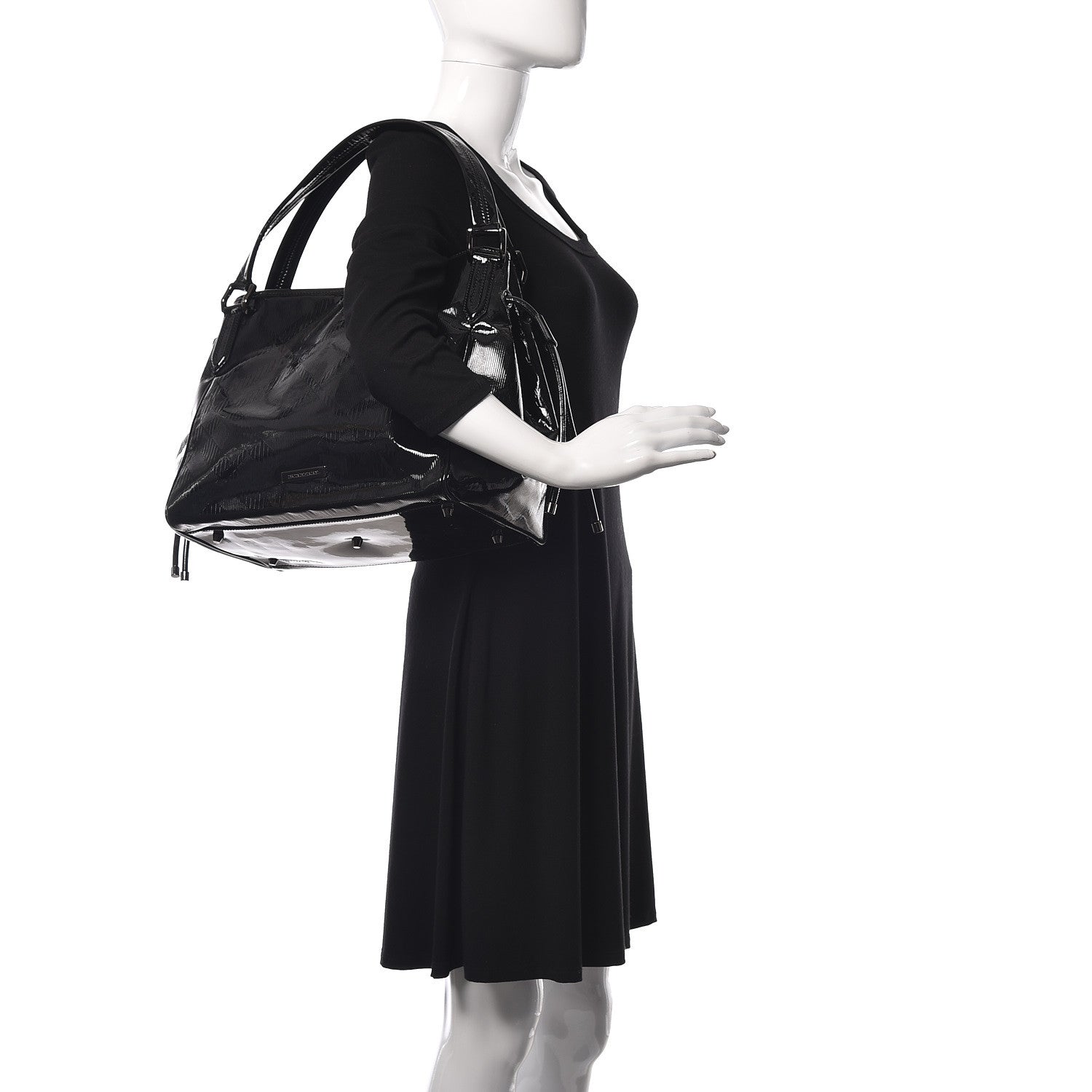 Burberry Patent Check Embossed Small Bilmore Tote Black 2 of 11
