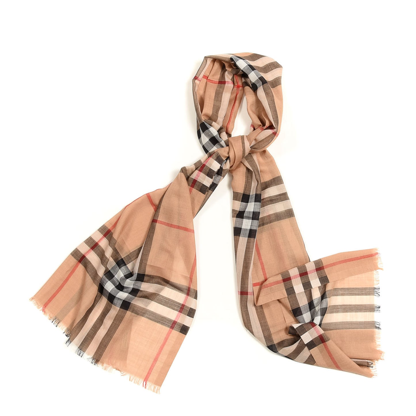 Wool Silk Gauze Giant Check Lightweight Scarf Camel