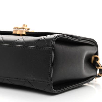 Chanel Lambskin Stitched Pearl Logo Top Handle Flap Black 10 of 11