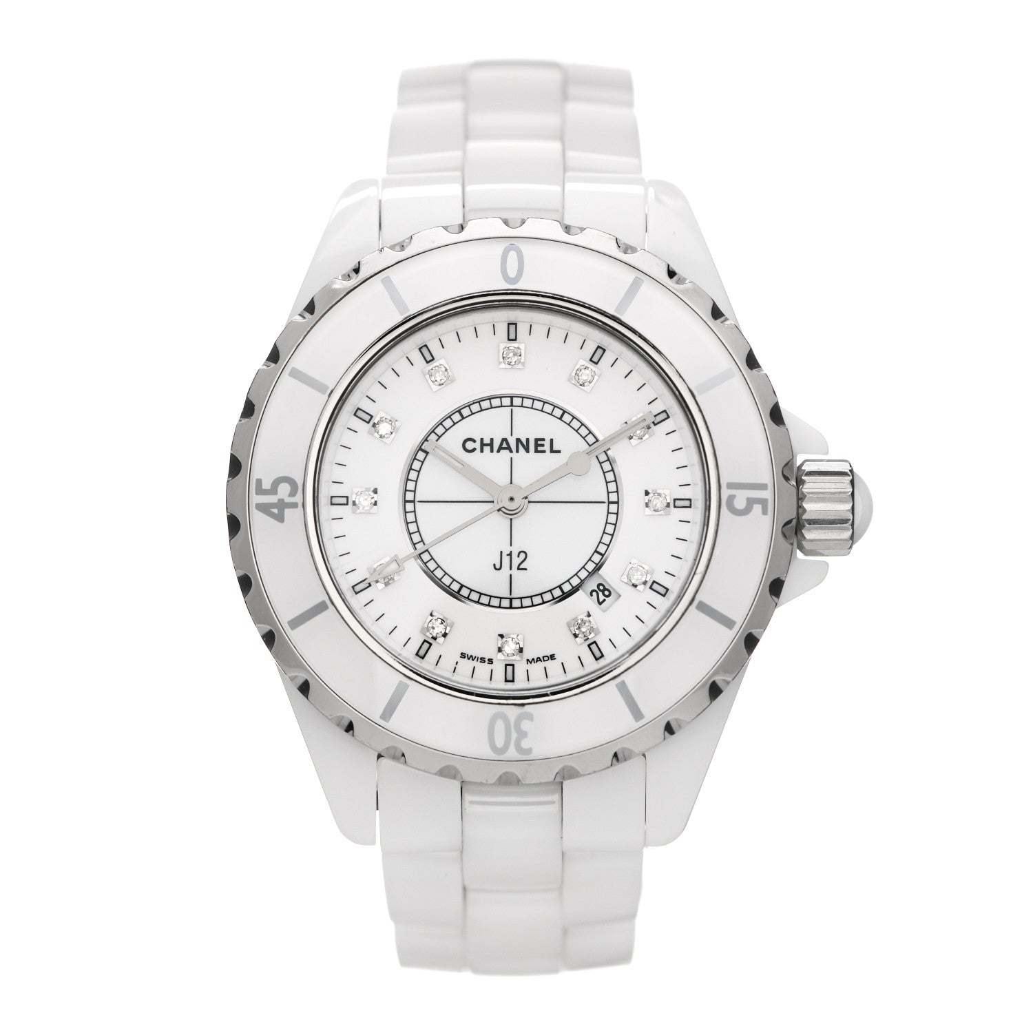 Chanel Stainless Steel Ceramic Diamond 33mm J12 Quartz Watch White 1 of 4