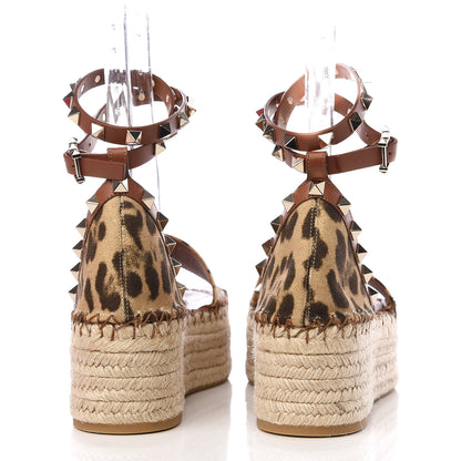 Valentino Garavani Canvas Leopard Print Rockstud Ankle Wrap Espadrille Flatform Sandals 36 Brown 7 of 11