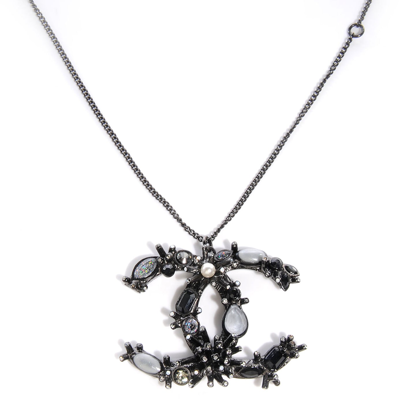 Glitter Crystal Large CC Pendant Necklace Dark Silver