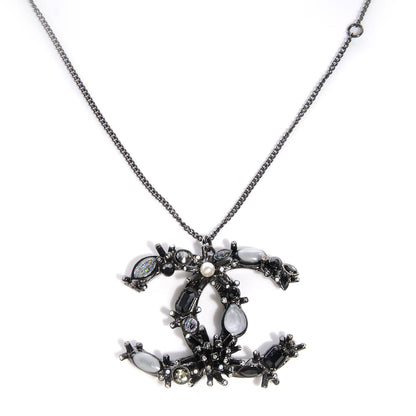 Chanel Glitter Crystal Large CC Pendant Necklace Dark Silver 1 of 4