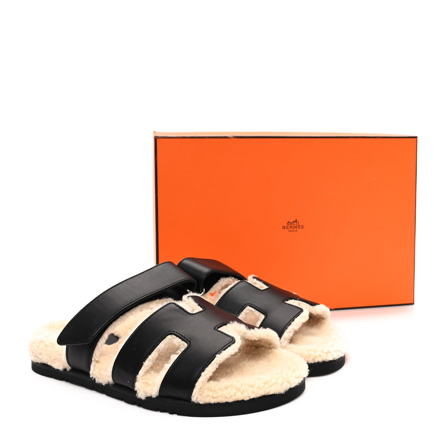Hermes Calfskin Woolskin Womens Chypre Sandals 38 Black Ecru 9 of 9