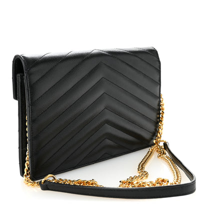 Saint Laurent Grain De Poudre Matelasse Chevron Monogram Envelope Chain Wallet Black 3 of 13
