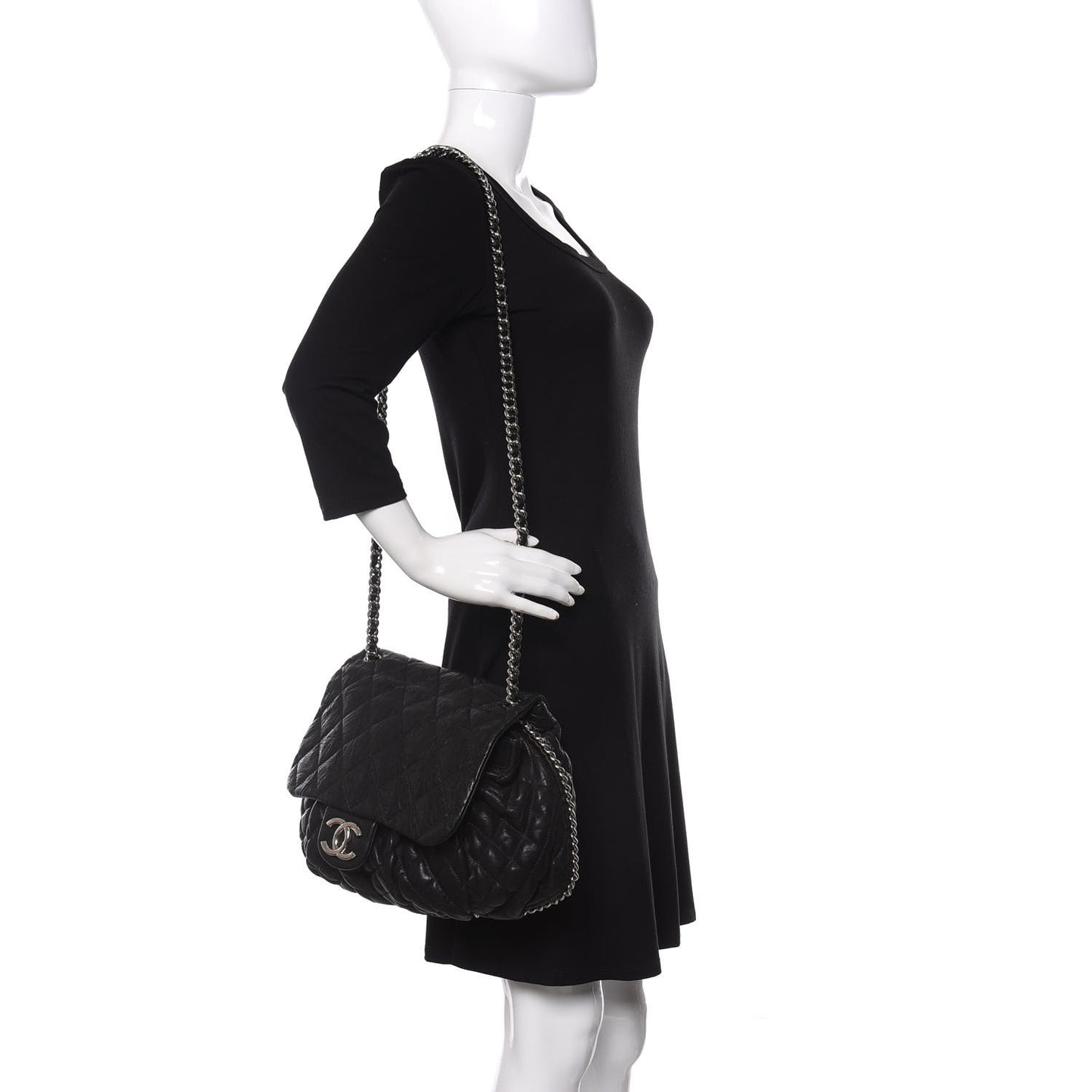 Washed Lambskin Quilted Large Chain Around Flap Black