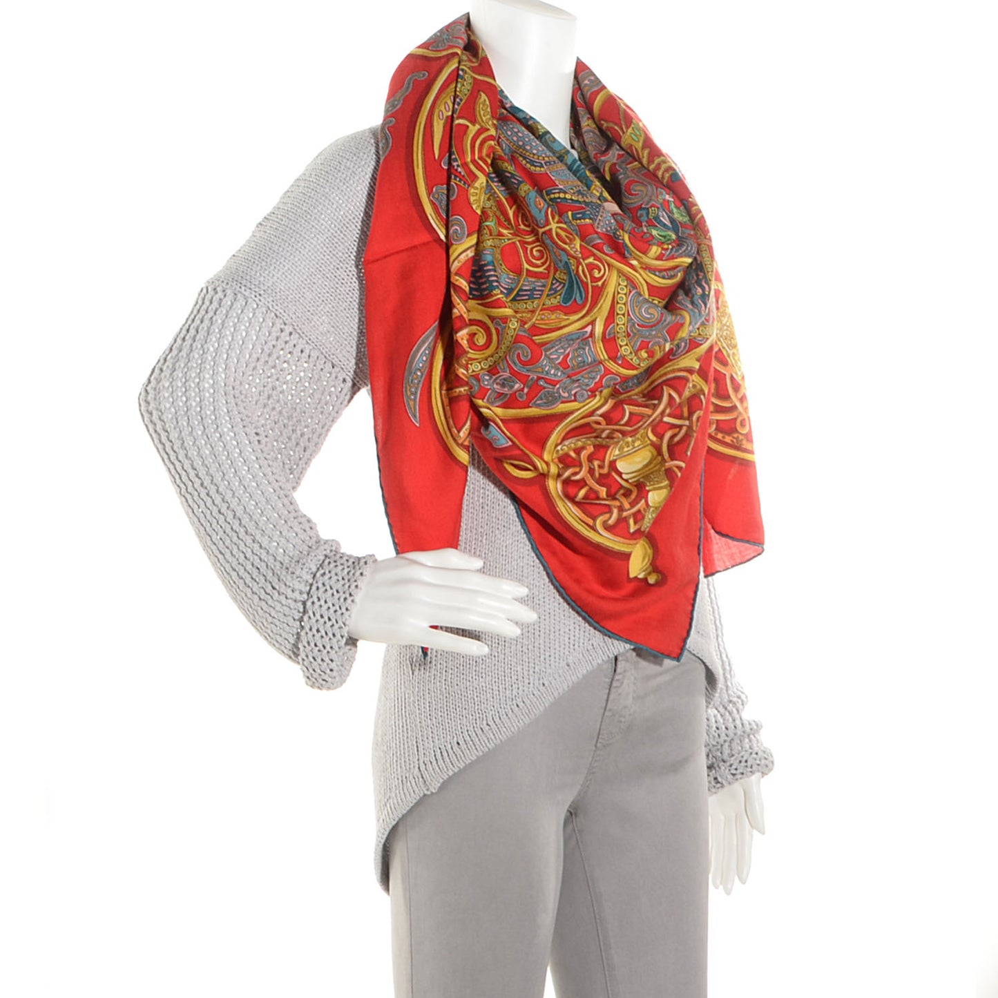 Cashmere Silk La Charmante Aux Animaux Scarf 140 Rouge Ardoise Vieil Or