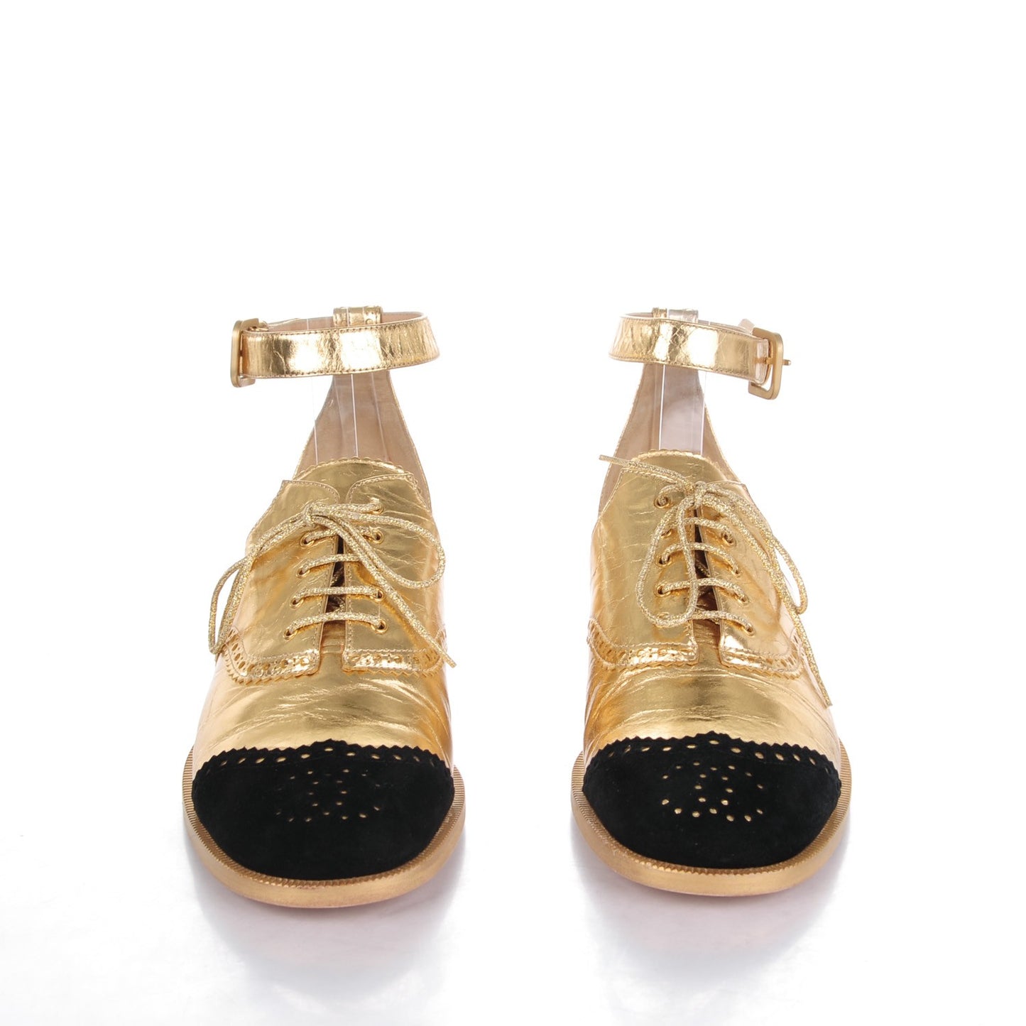 Metallic Calfskin Suede CC Brogue Lace Up Ankle Strap Oxford Sandals 38 Gold Black