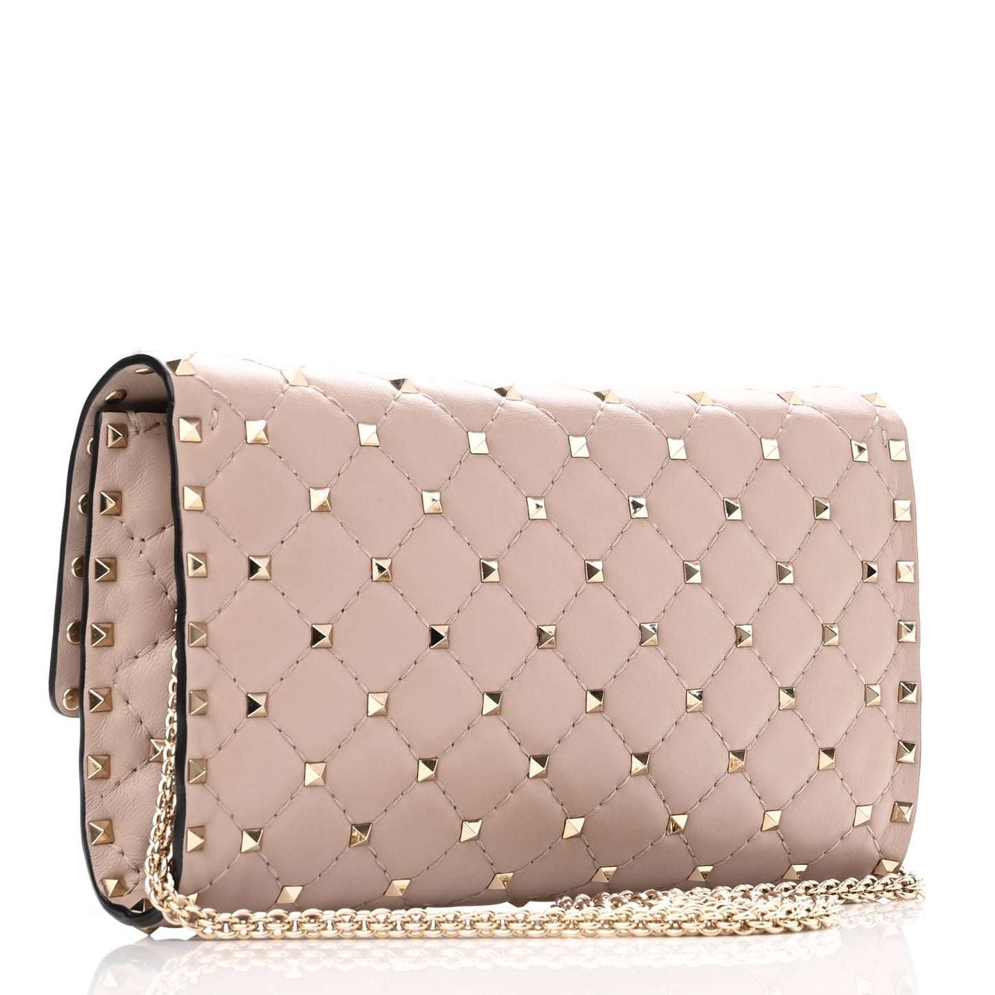 Lambskin Rockstud Spike Wallet on Chain Poudre