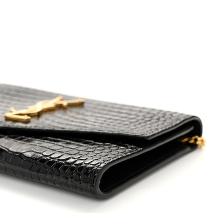 Saint Laurent Calfskin Crocodile Embossed Monogram Uptown Chain Wallet Black 11 of 12