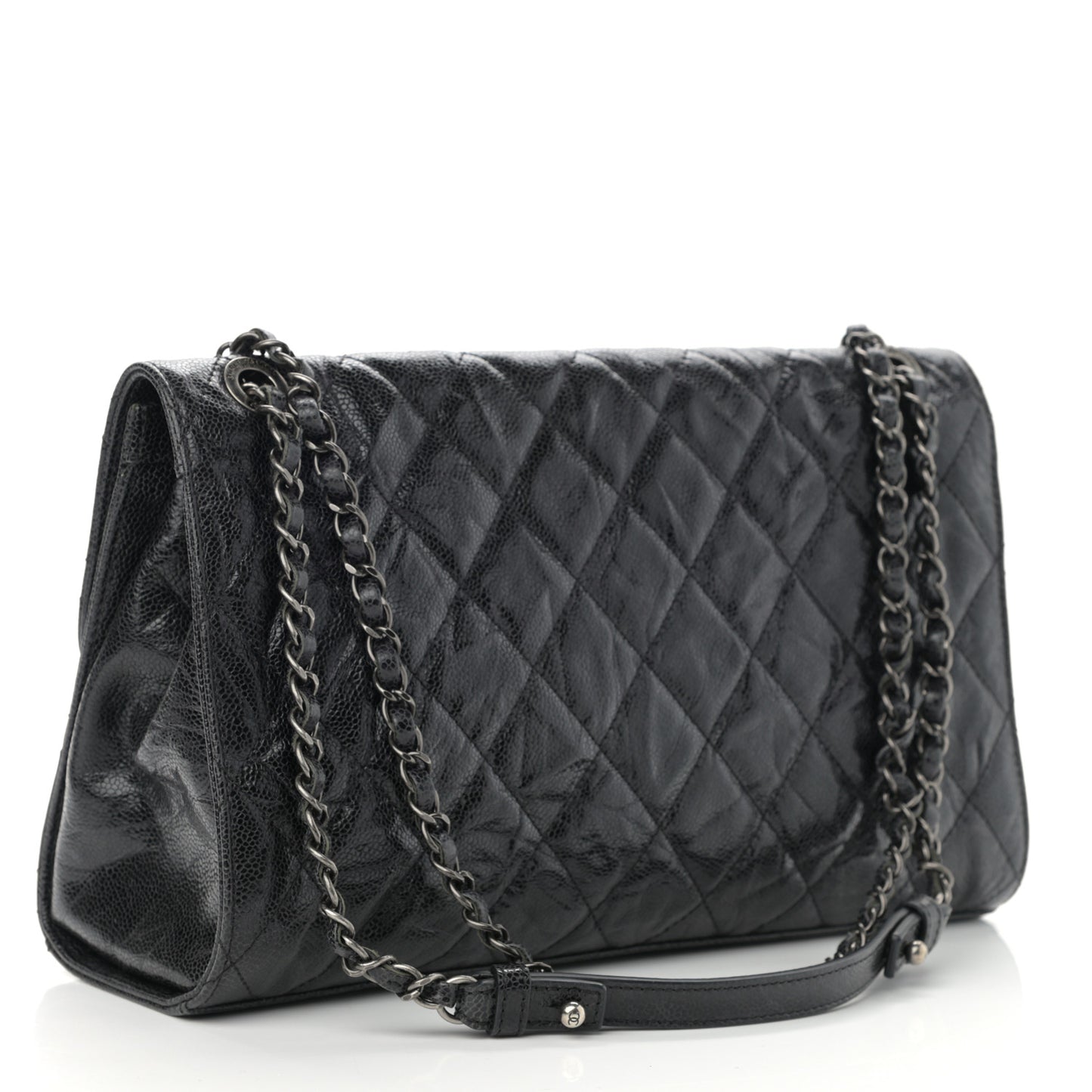 Crumpled Grained Calfskin Jumbo CC Crave Flap Black