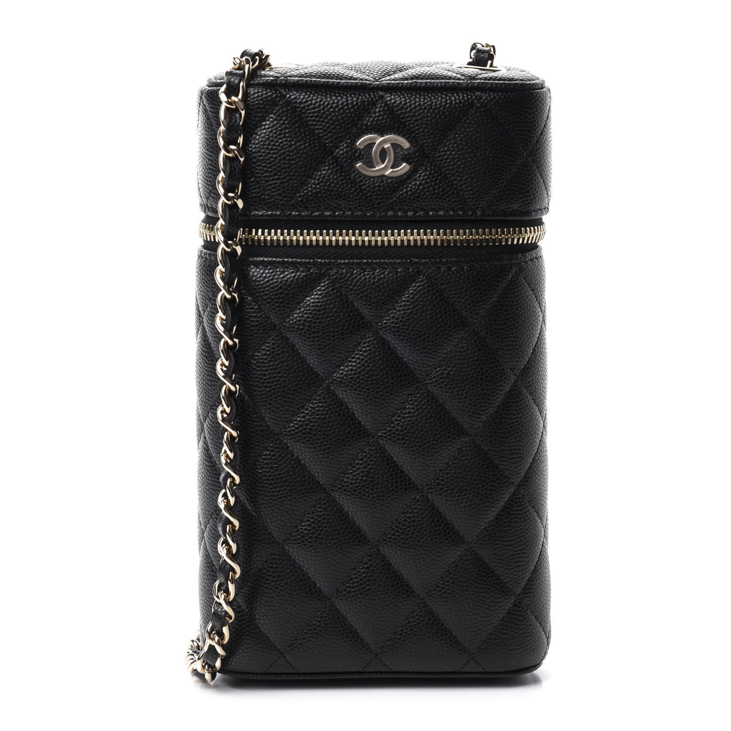 Caviar Quilted Phone Holder With Chain Black