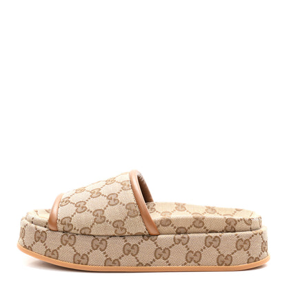 Gucci Original GG Canvas Monogram Womens GG Platform Sandals 37.5 Beige Ebony Sundial Beige Ebony Sundial 1 of 10