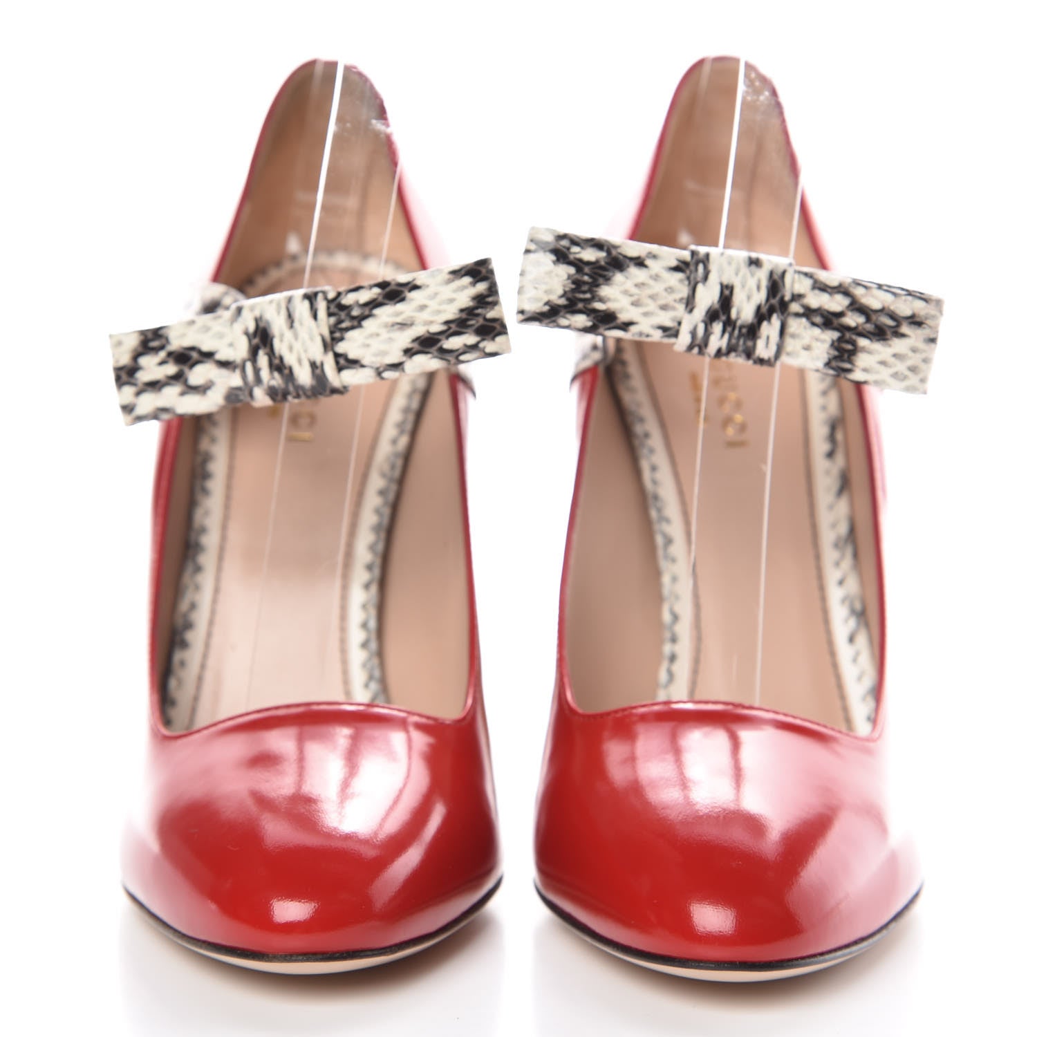 Gucci Polished Calfskin Elaphe Nimue Bow Mary Jane Pumps 38.5 Hibiscus Red Roccia 2 of 8