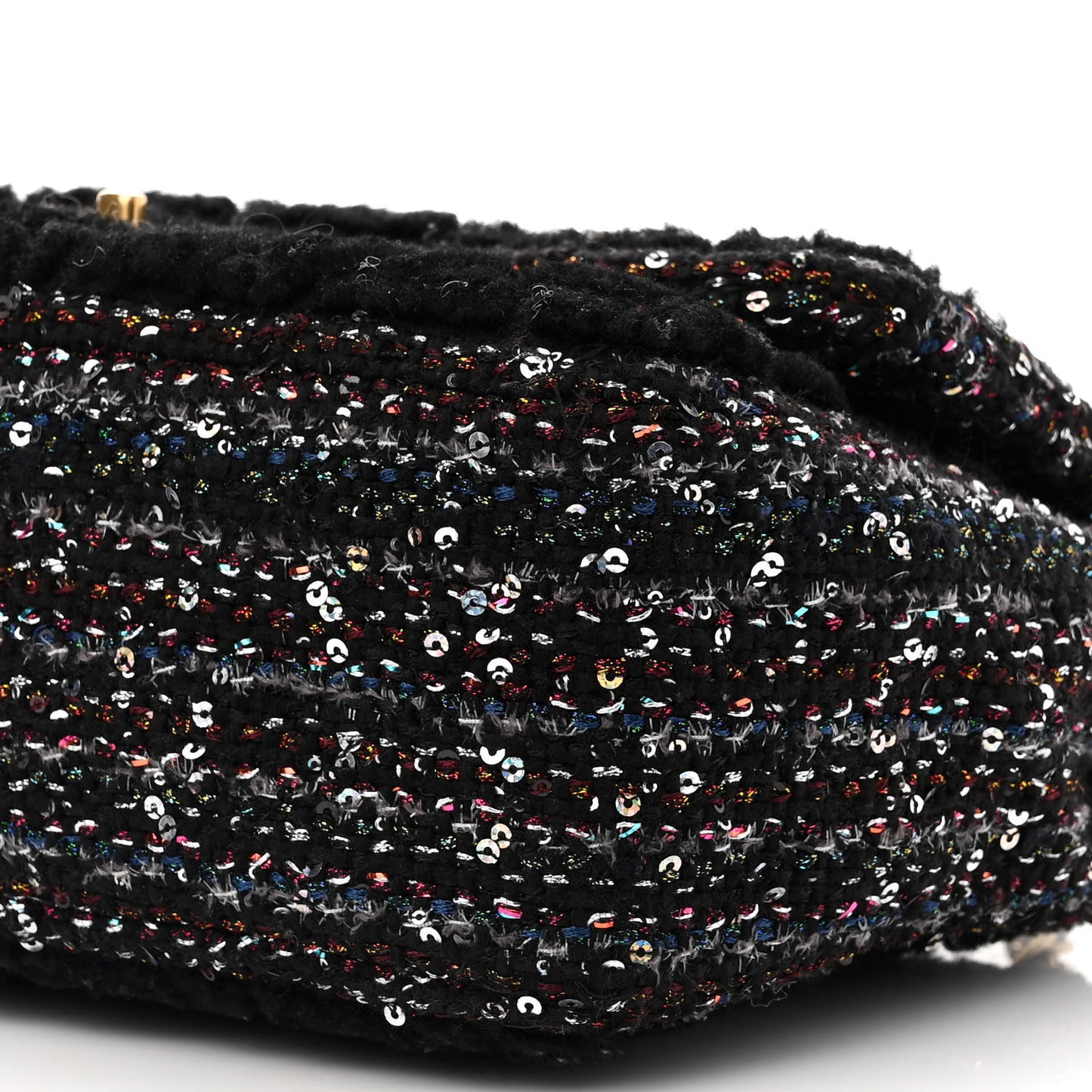 Shearling Sequin Tweed Quilted Jumbo Flap Black
