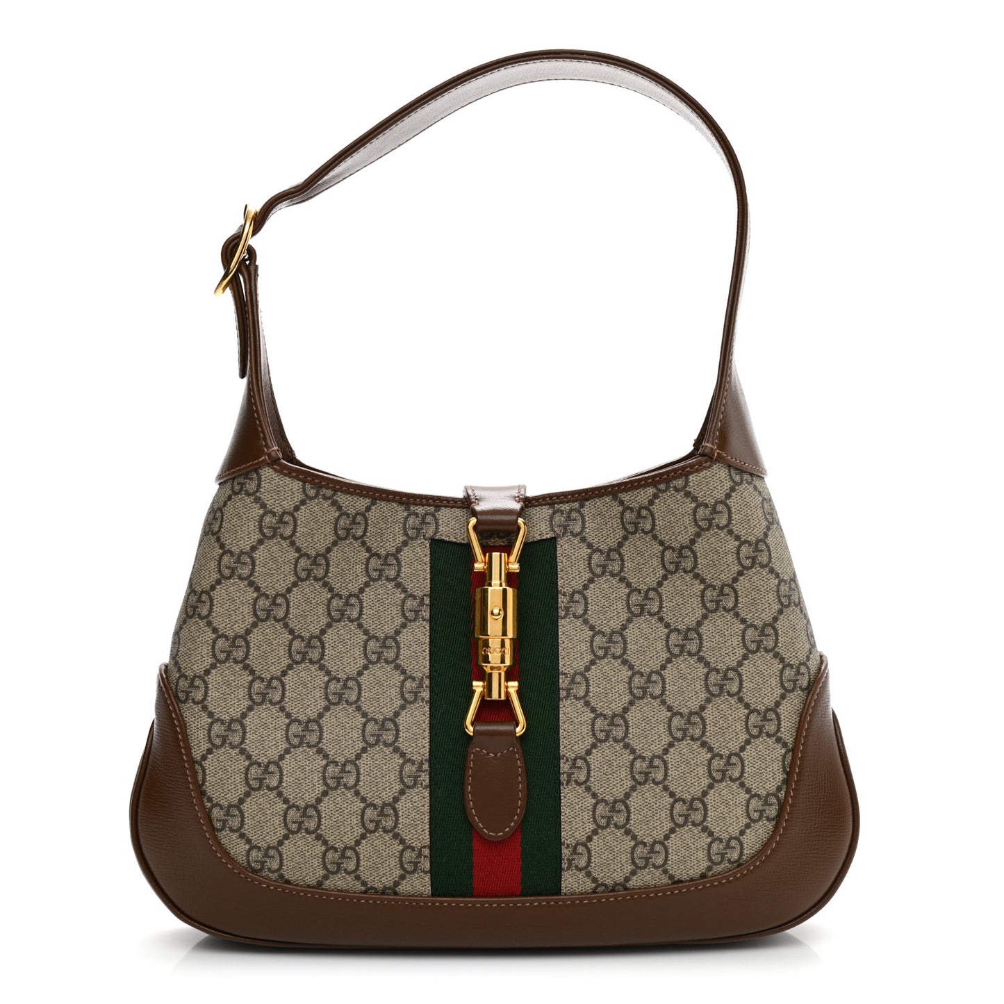 GG Supreme Monogram Azalea Calfskin Web Small Jackie 1961 Hobo Beige Ebony Brown Sugar