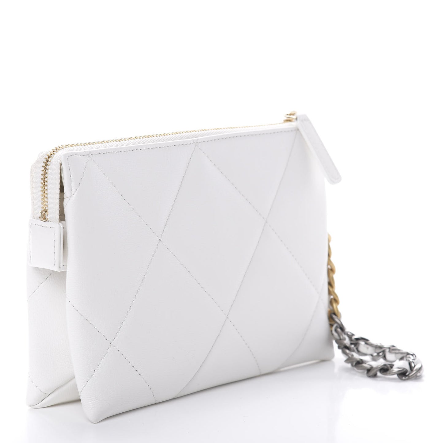 Shiny Goatskin Quilted 19 Small Pouch With Handle White