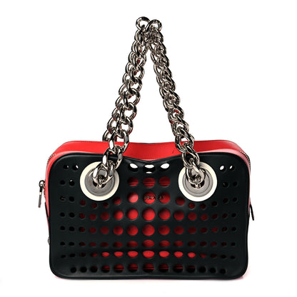 Prada City Calfskin Perforated Chain Shoulder Bag Black Lacca 3 of 11