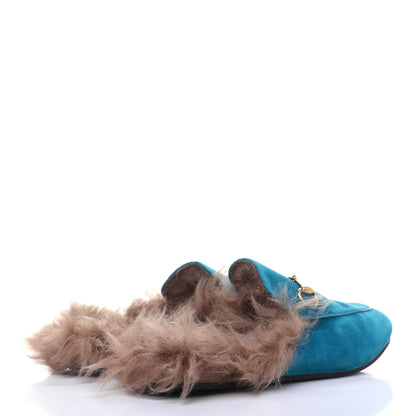 Gucci Velvet Fur Womens Princetown Slippers 38 Cyan 4 of 11
