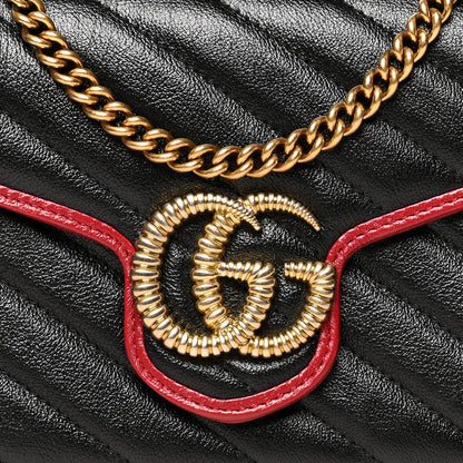 Gucci Vintage Effect Calfskin Matelasse Diagonal Torchon GG Marmont Chain Wallet Black Romantic Cherry 9 of 11
