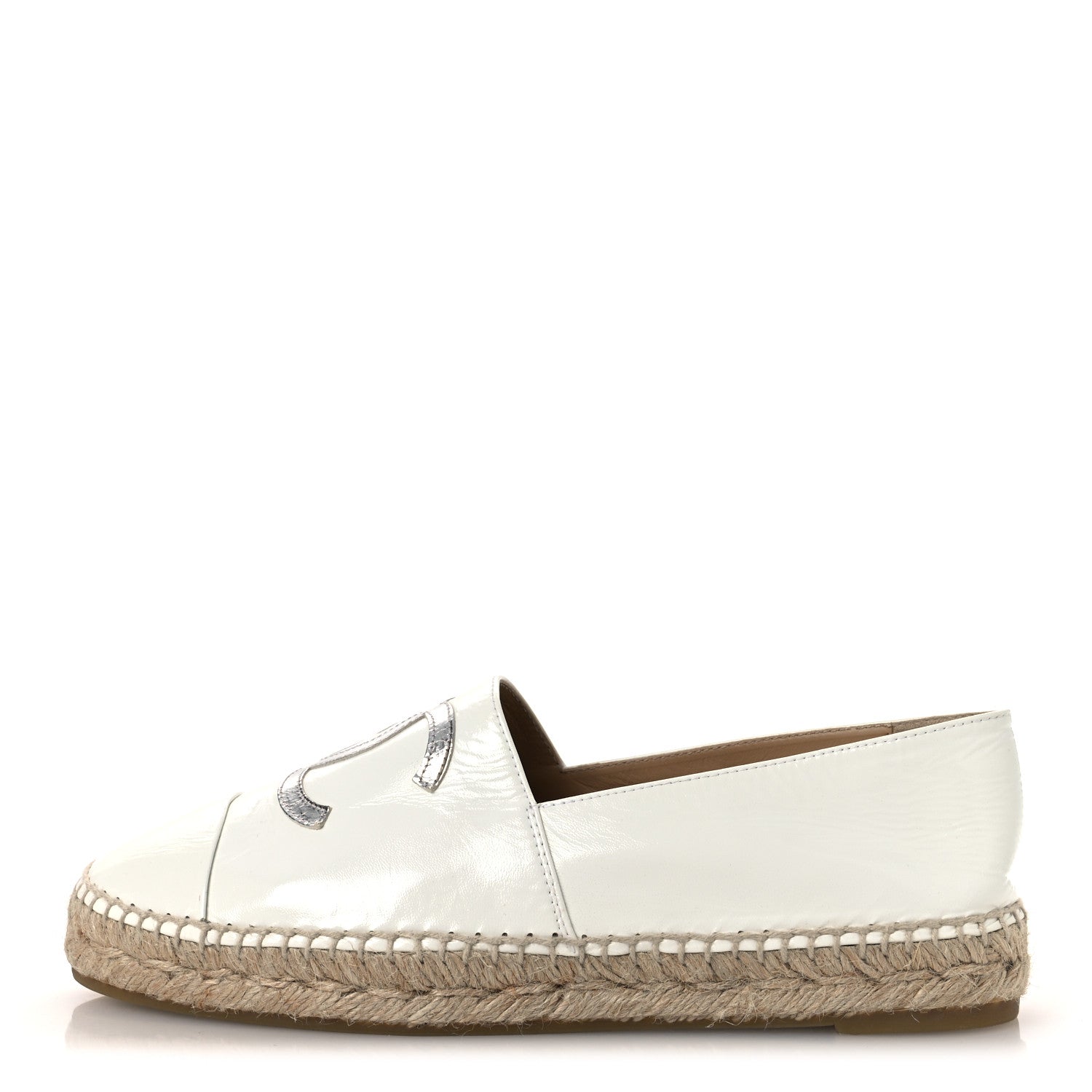 Chanel Distressed Patent CC Espadrilles 38 White Silver 1 of 11