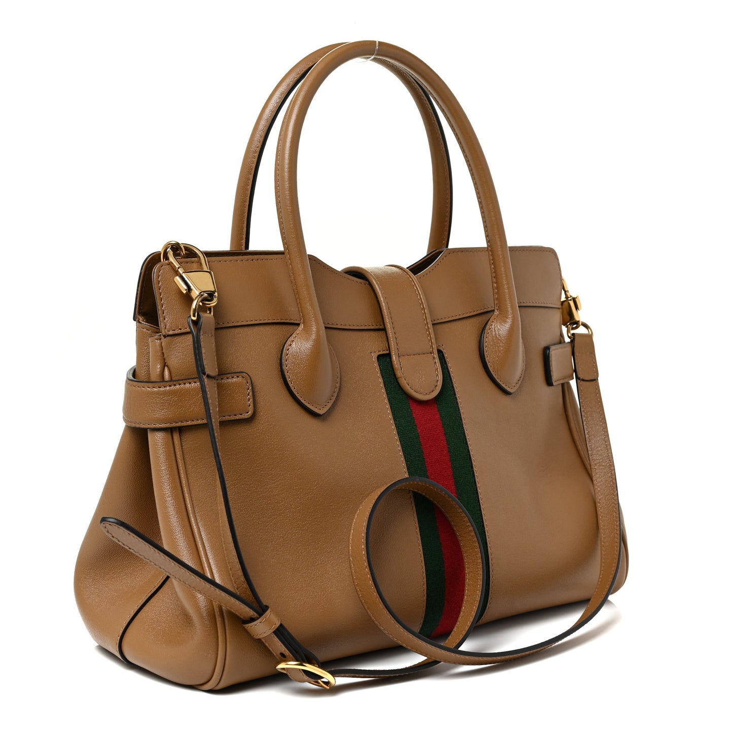 New Sakai Calfskin Lux Web Medium Dahlia Top Handle Shoulder Bag Quarz Beige