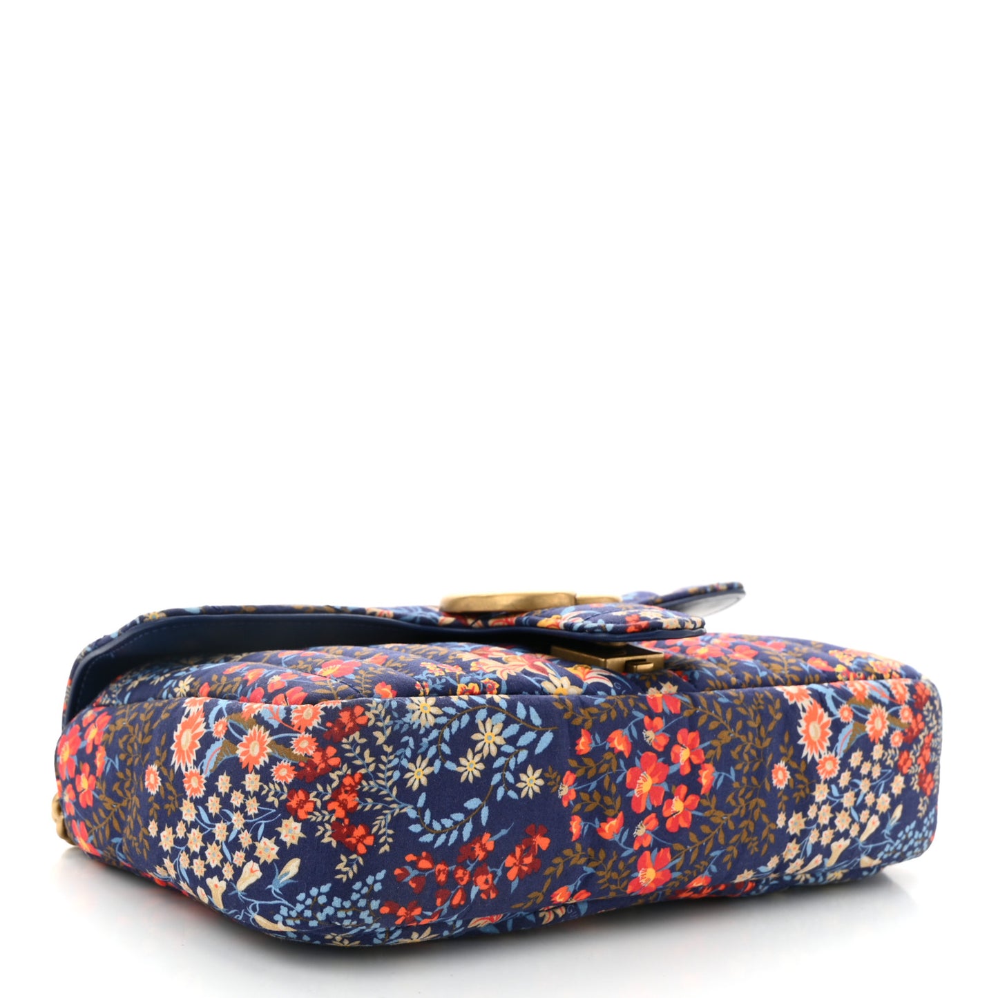 Cotton Calfskin Matelasse Floral Print Small GG Marmont Shoulder Bag Blue Red Deep Ocean Blue