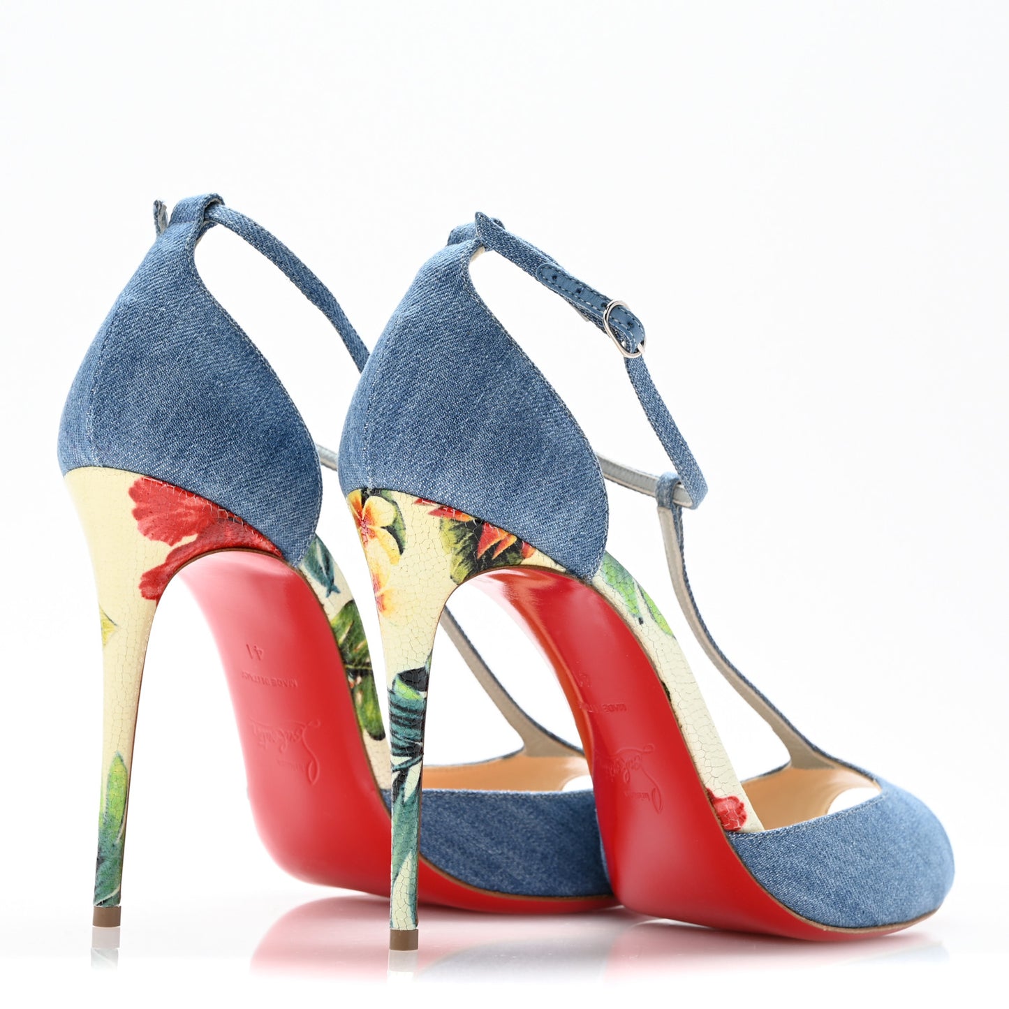 Denim Crackled Calfskin Hawaii Print Senora 100 Sandals 41 Blue White