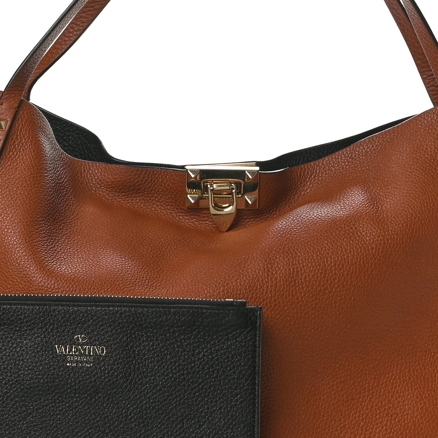 Valentino Garavani Grained Calfskin Large Rockstud Flip Lock Tote Camel Black 10 of 12