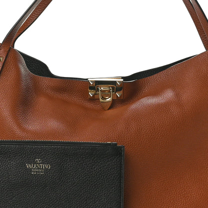 Valentino Garavani Grained Calfskin Large Rockstud Flip Lock Tote Camel Black 10 of 12