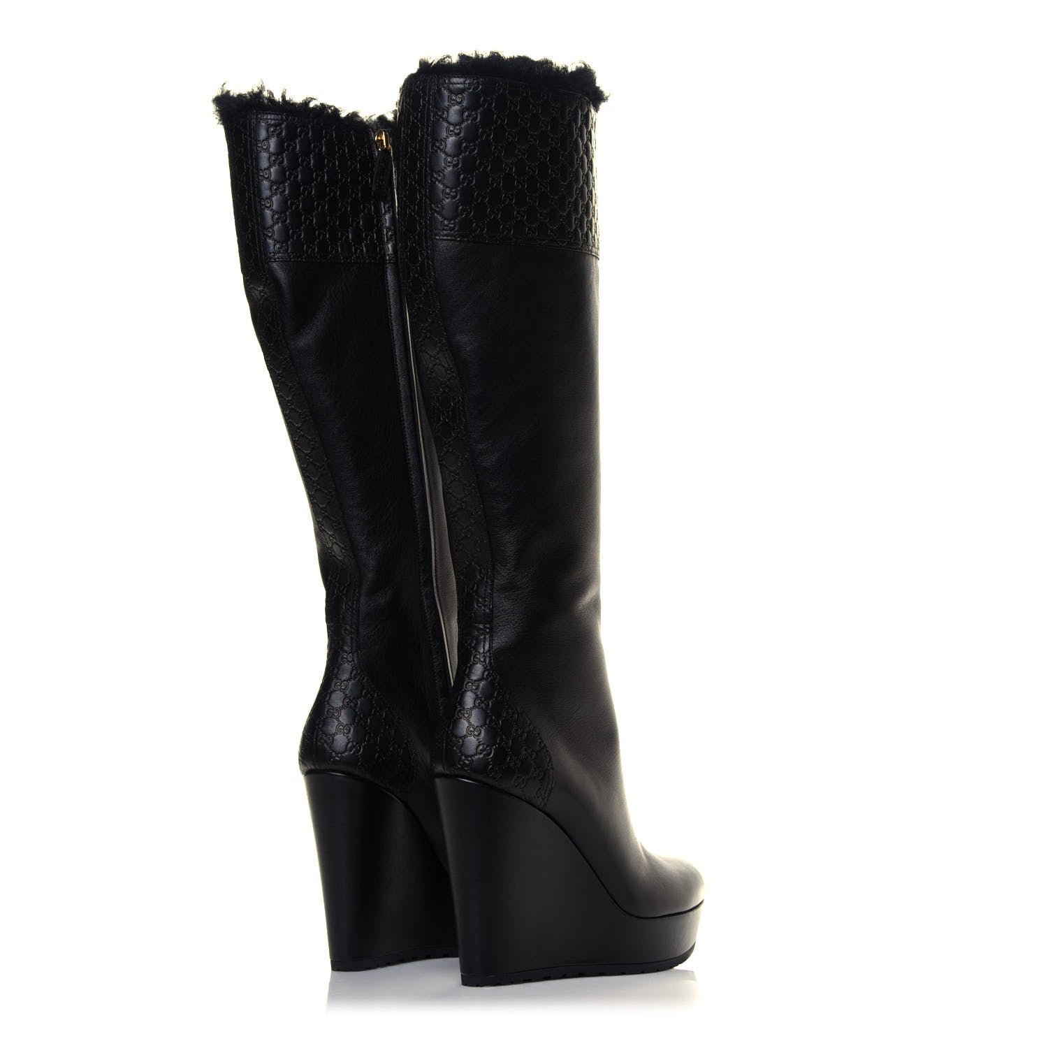 Gucci Microguccissima Shearling High Wedge Boots 37.5 Black 3 of 6