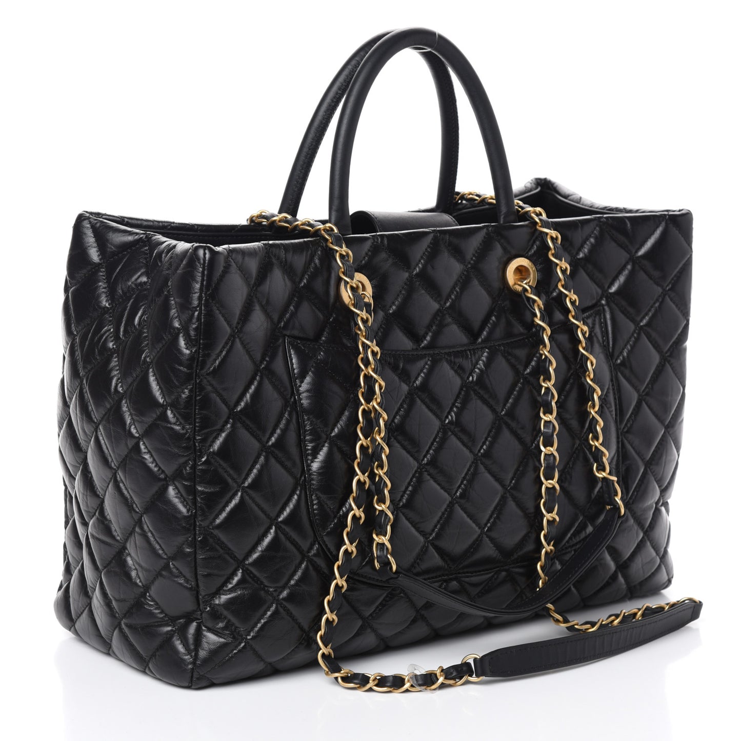 Aged Calfskin Quilted Large Coco Handle Shopping Tote Black