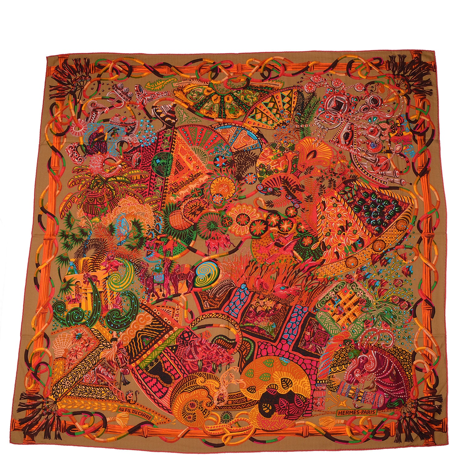 Hermes Cashmere Silk Au Fil Du Carre Shawl 140 Caramel Orange Vert Cru 3 of 7