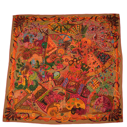 Hermes Cashmere Silk Au Fil Du Carre Shawl 140 Caramel Orange Vert Cru 3 of 7