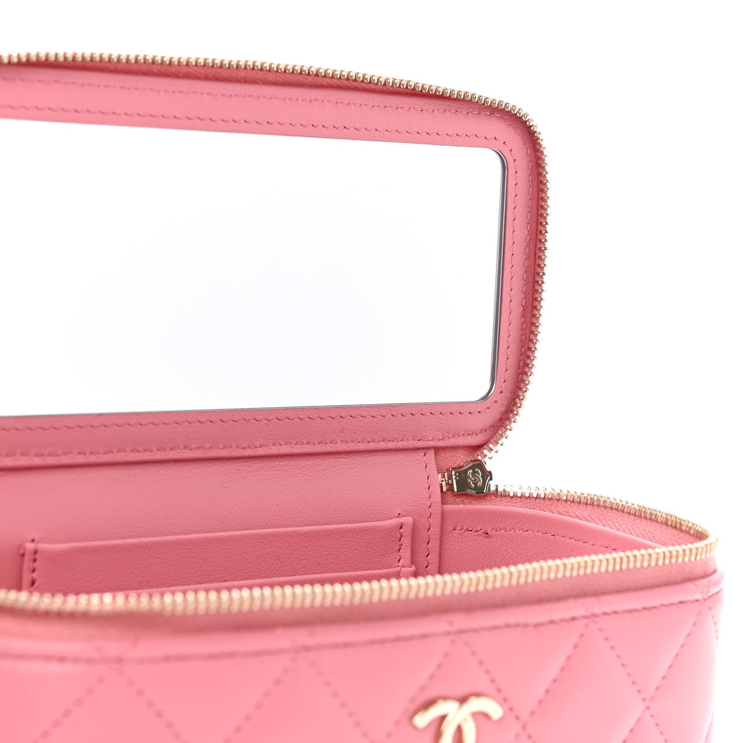 Lambskin Quilted Small Top Handle Vanity Case With Chain Dark Pink