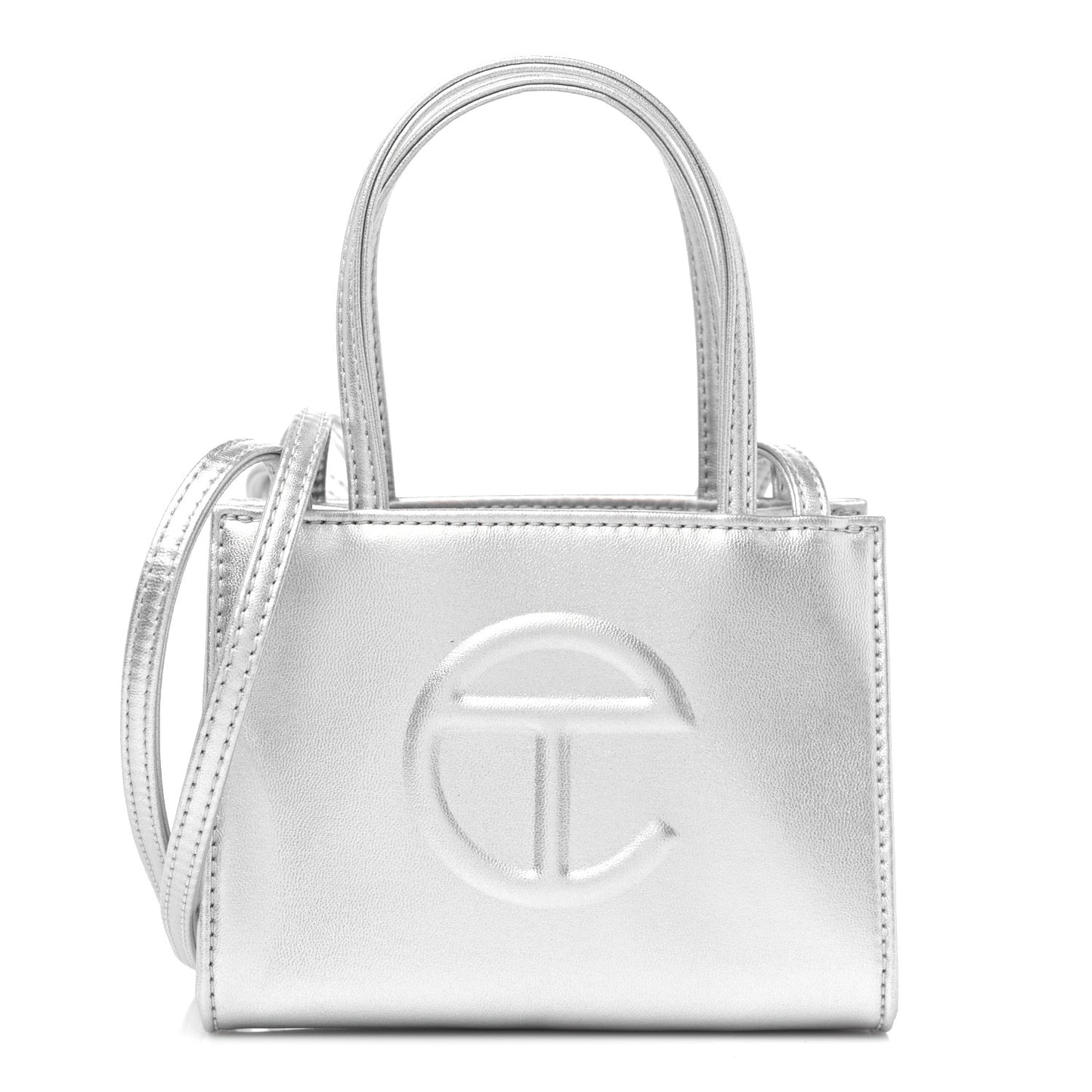 Metallic Vegan Leather Small Shopping Bag Silver