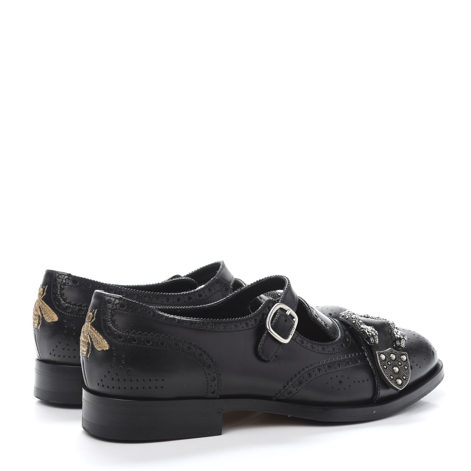 Gucci Calfskin Bee Embroidered Mens Queercore Brogue Wingtip Monk Strap Loafers 9 Black 4 of 10