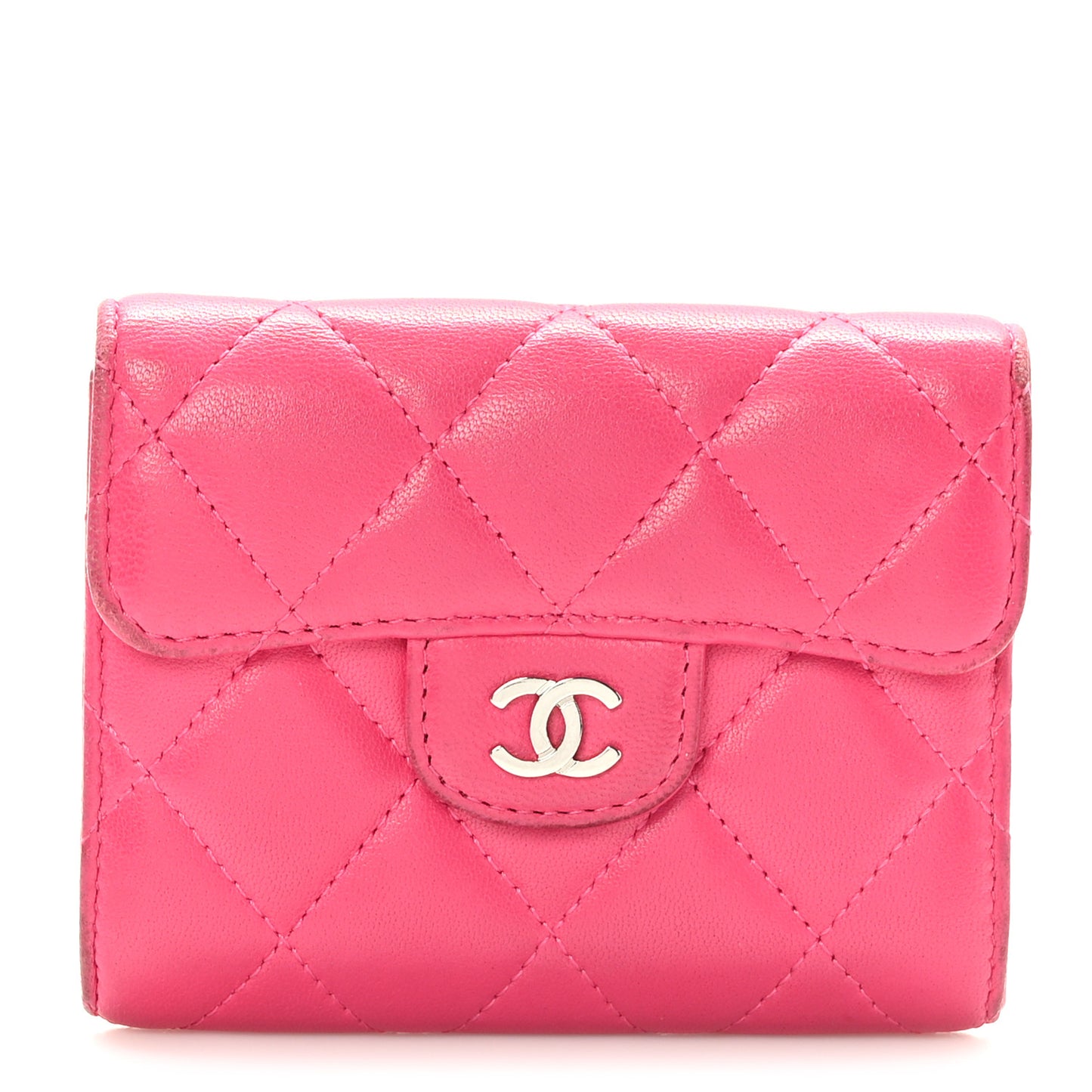 Lambskin Quilted Flap Card Holder Wallet Pink