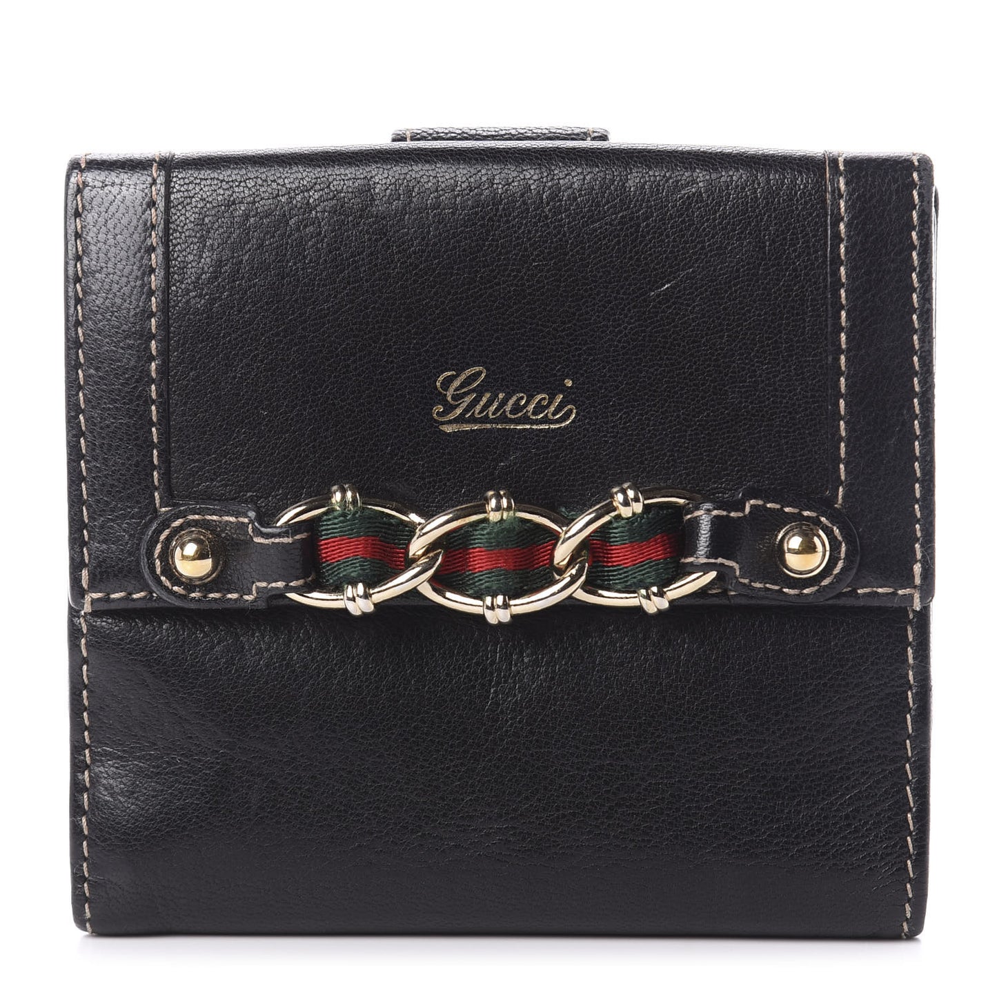 Calfskin Web Chain Compact Wallet Black