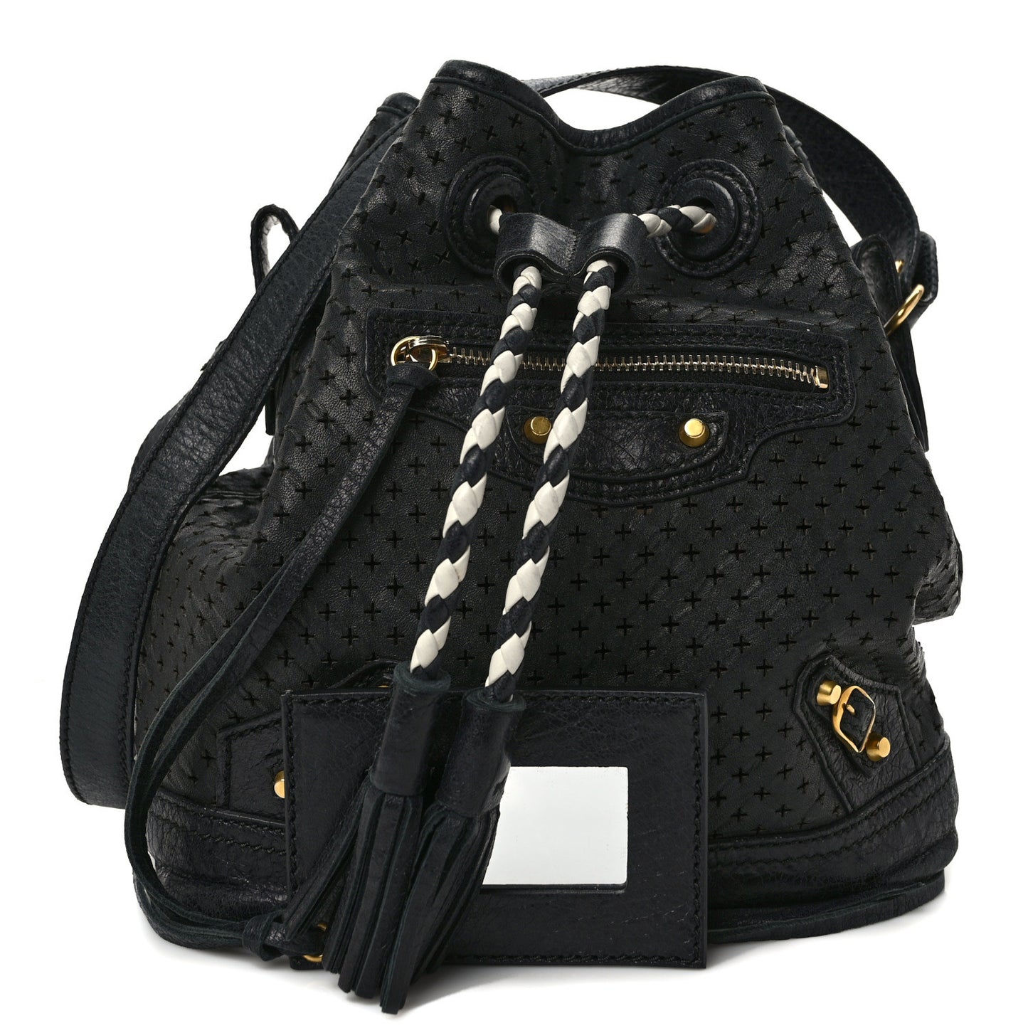 Agneau Classic Gold Hardware Perforated Cross Mini Pampille Black