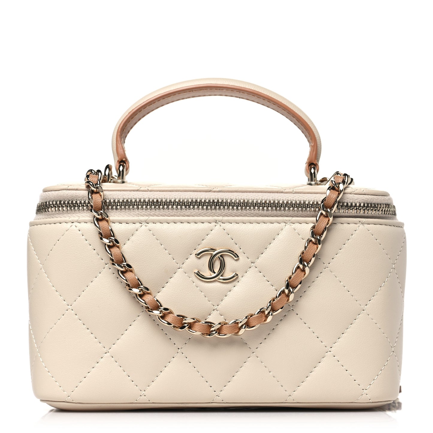 Lambskin Quilted Small Top Handle Vanity Case With Chain Ecru Dark Beige