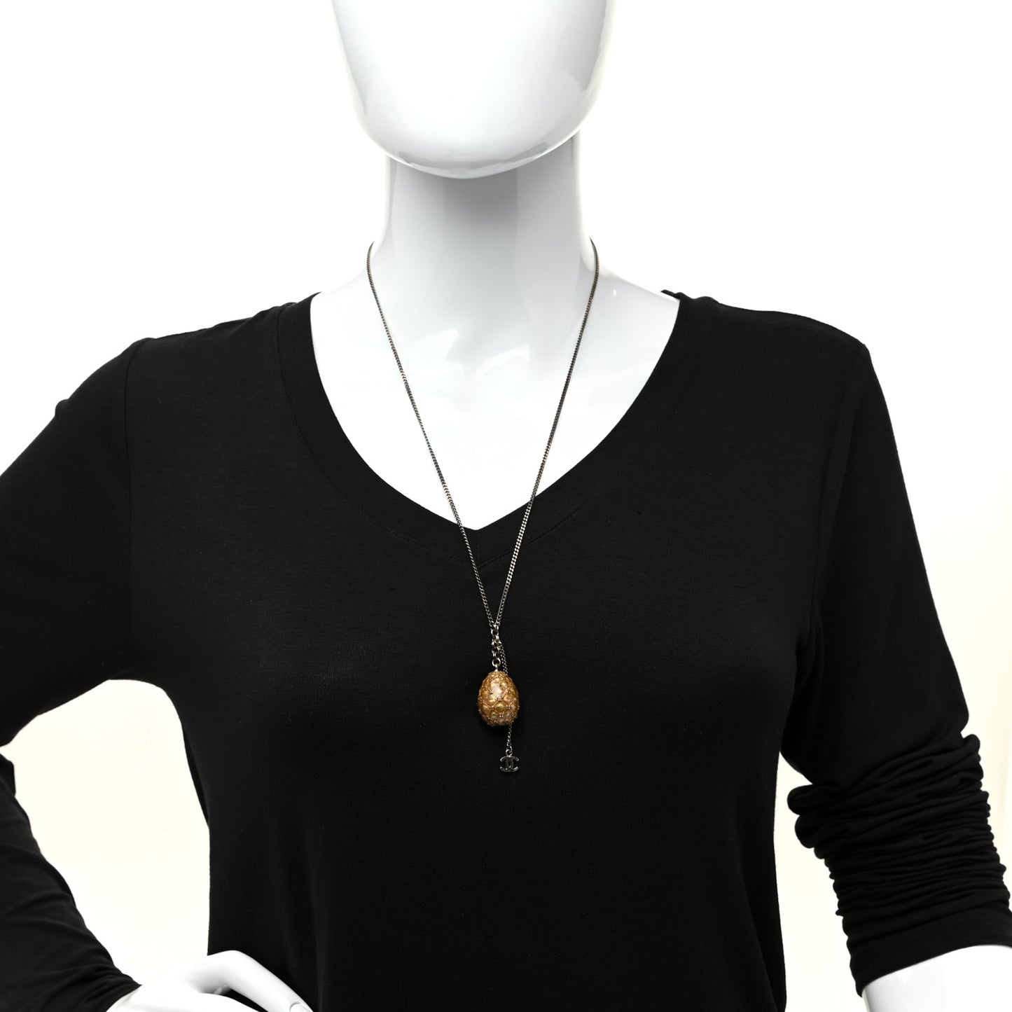 Metal Enamel CC Quilted Egg Necklace Gold
